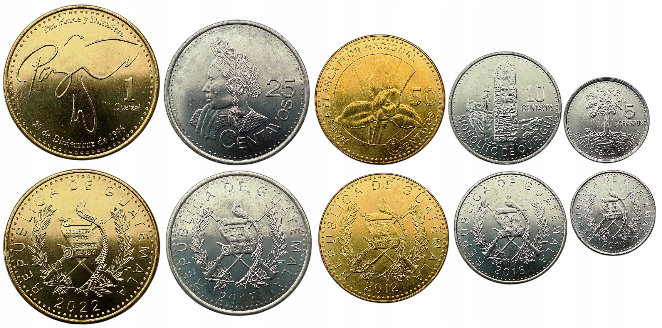 GWATEMALA ZESTAW 5 MONET 5 CENTAVOS -1 QUETZAL 2010 - 2022 MENNICZE