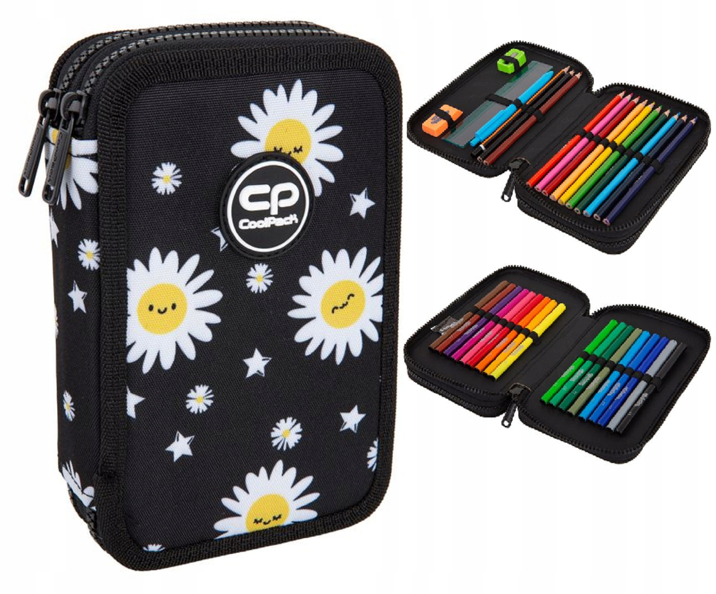 PIÓRNIK DWUKOMOROWY COOLPACK Z WYPOSAŻENIEM KREDKI PISAKI STOKROTKI