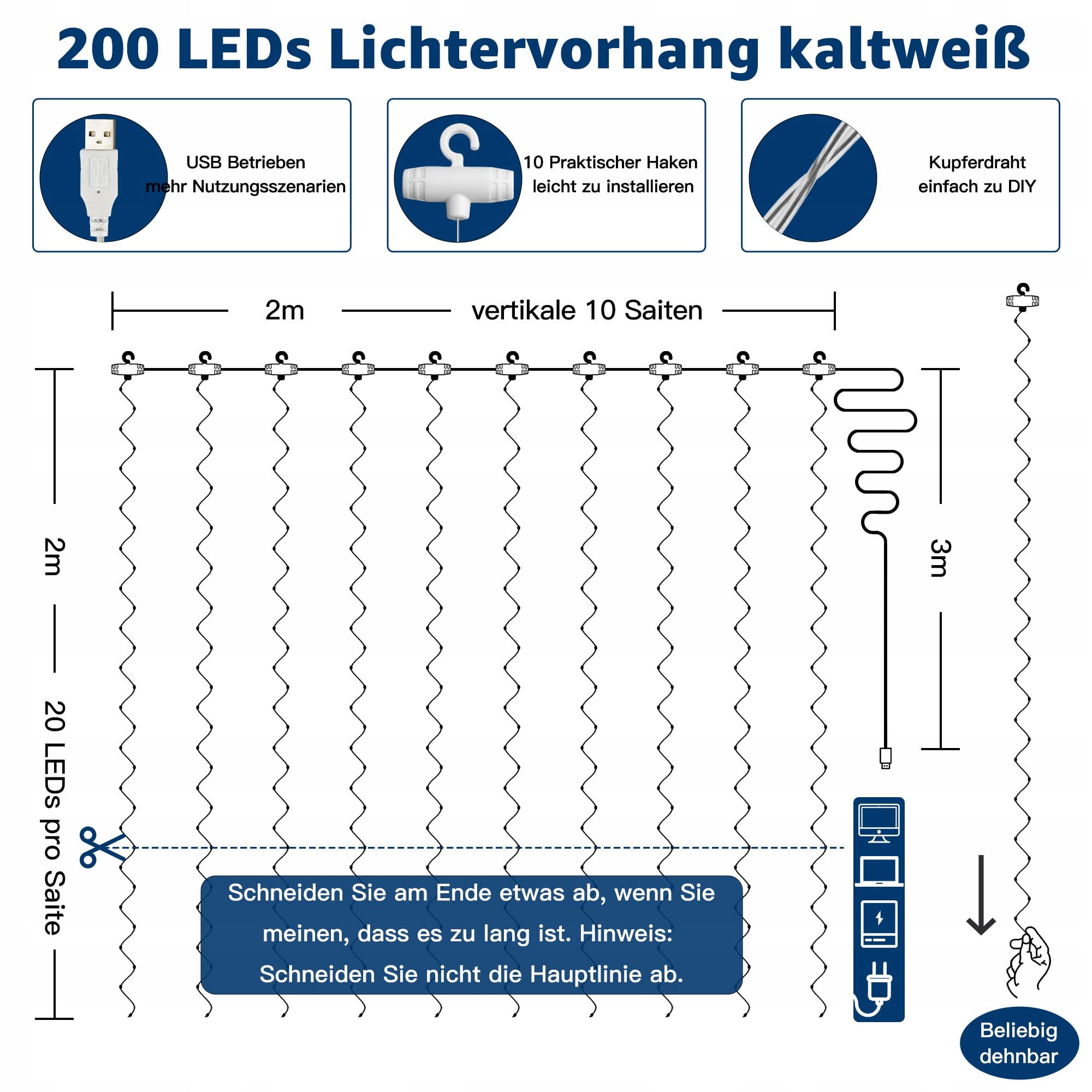 OLLNY Kurtyna Świetlna Girlanda Lampki Białe Dekoracyjne 2x2m 200 LED — miniatura 8