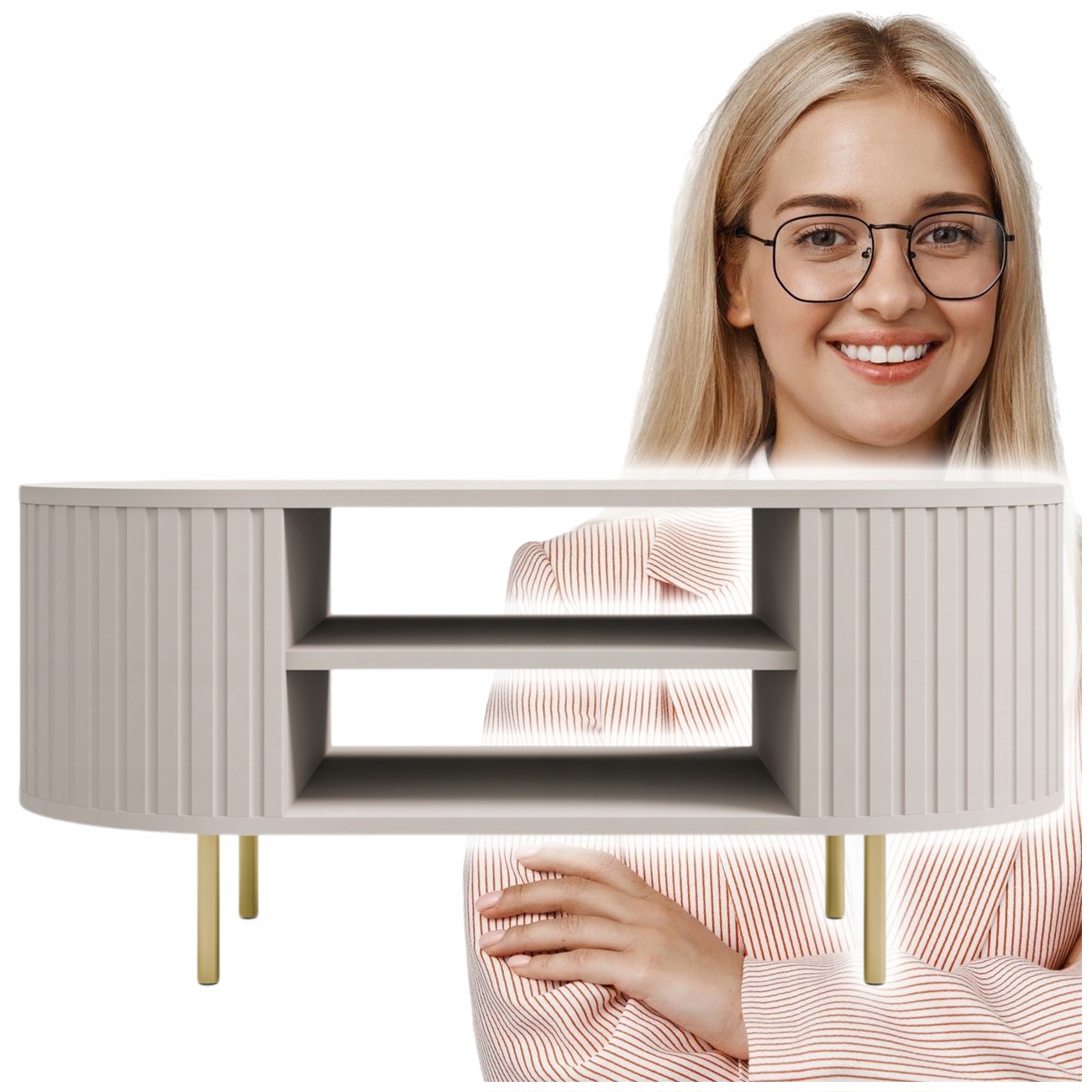 Stolik Kawowy Ława 100CM Drewniana Do Salonu Z Półkami Beż Piaskowy