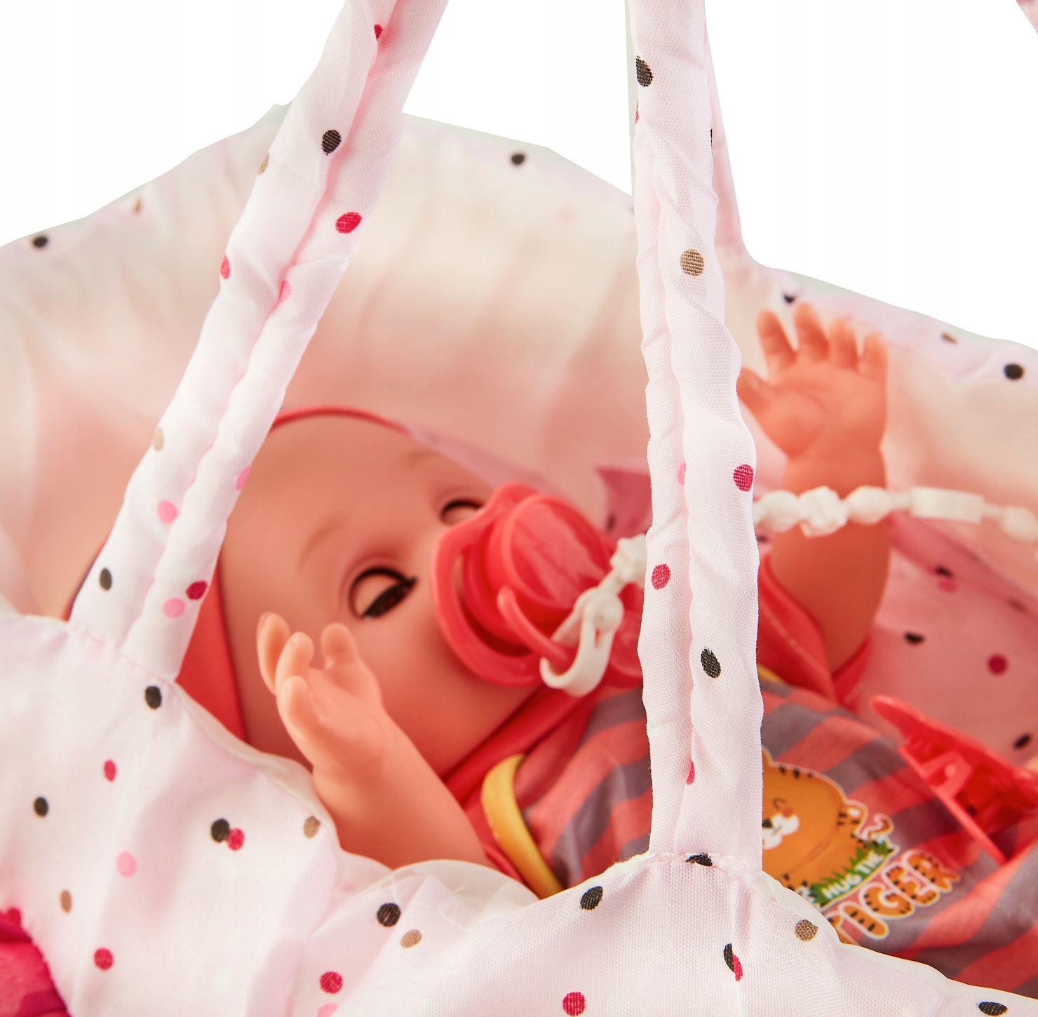 LALKA BOBAS Z AKCESORIAMI DLA NIEMOWLAKA I NOSIDEŁKIEM MÓWIĄCA Elementy zestawu nosidełko nocnik papcie klapki smoczek talerz sztućce zabawki klocki pielucha kremy zabawkowe