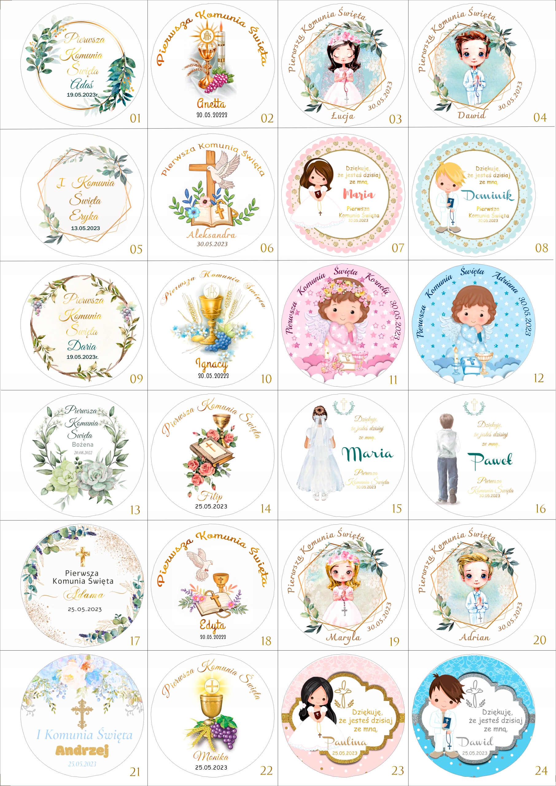 NAKLEJKI Pierwsza Komunia Święta 24 szt 4,5 cm personalizowane wzory EAN (GTIN) 5906036621606
