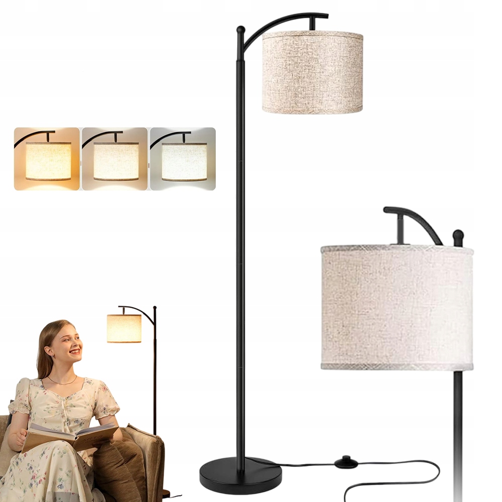 Stojací Podlahová Lampa Klasická E27 Lněná Stínítko Moderní Obývací Pokoj 175 cm