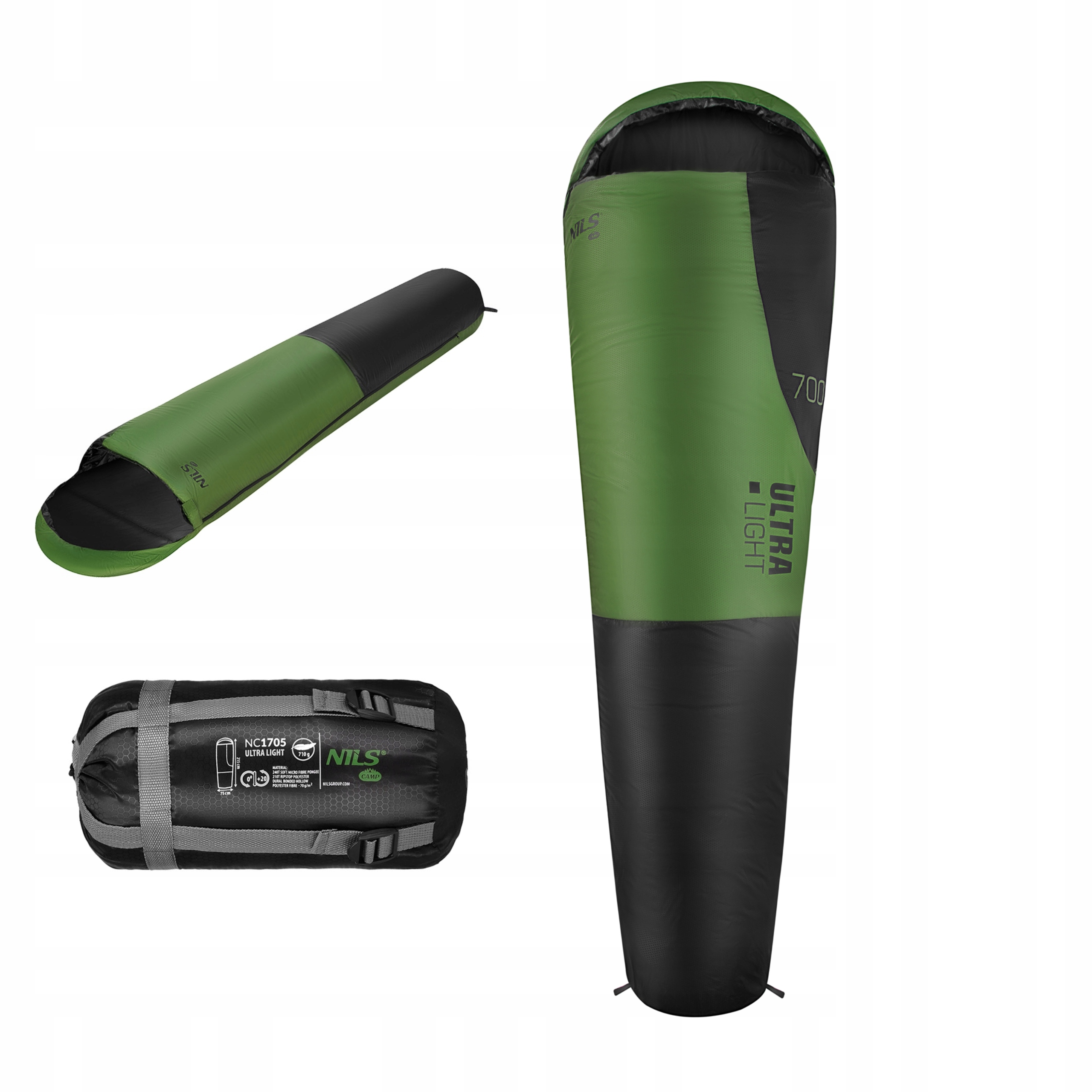 Lehký turistický spací pytel na léto 710 g černo zelený Nils Camp
