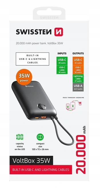Swissten Power Bank Voltbox 35W 20000 mAh S Integrovanými Kabely Usb-c A LI