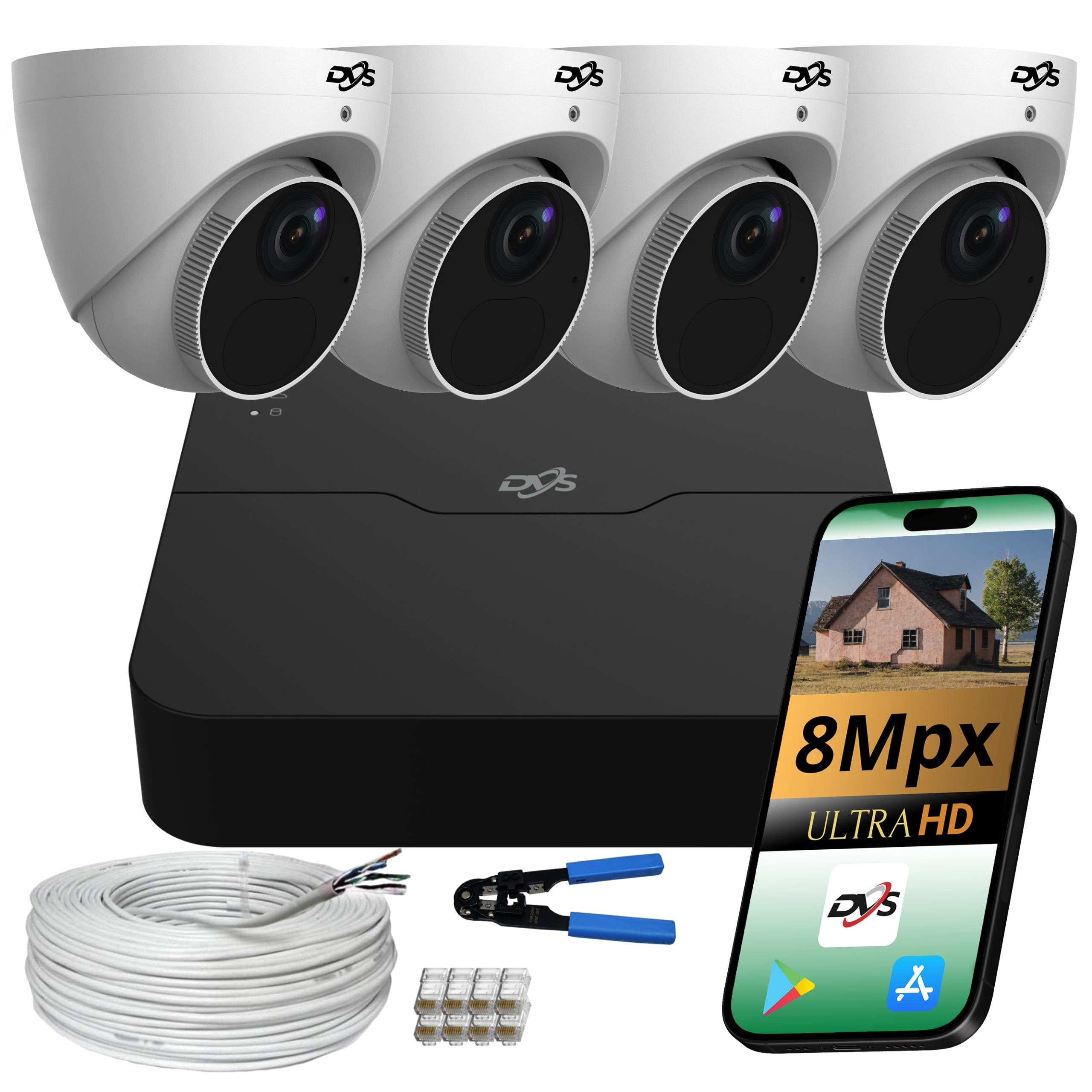 Sada 4 Venkovních Kamer Pro Monitorování Ip Poe 4K 8Mpx Kopule Smart App