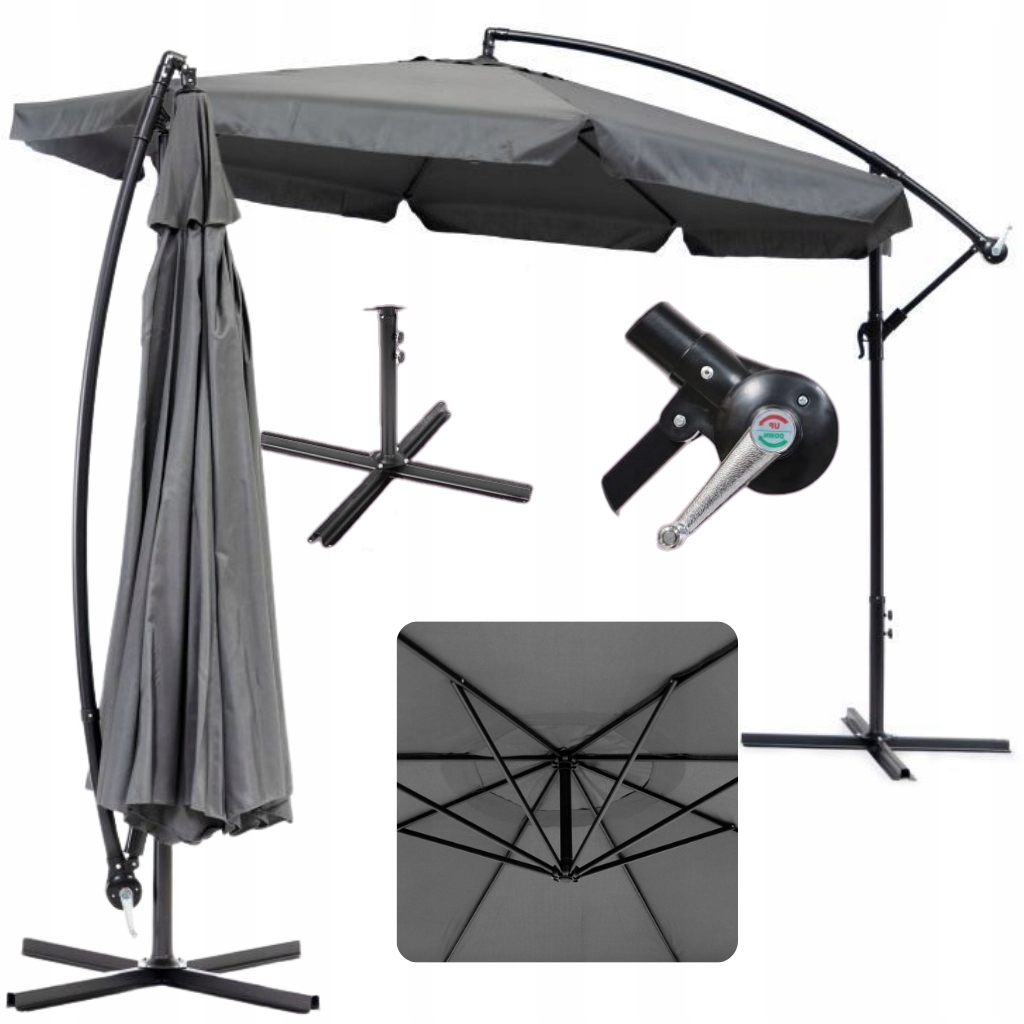 Parasol Ogrodowy 350cm Duży Składany Solidny z Falbaną Mocny Szary