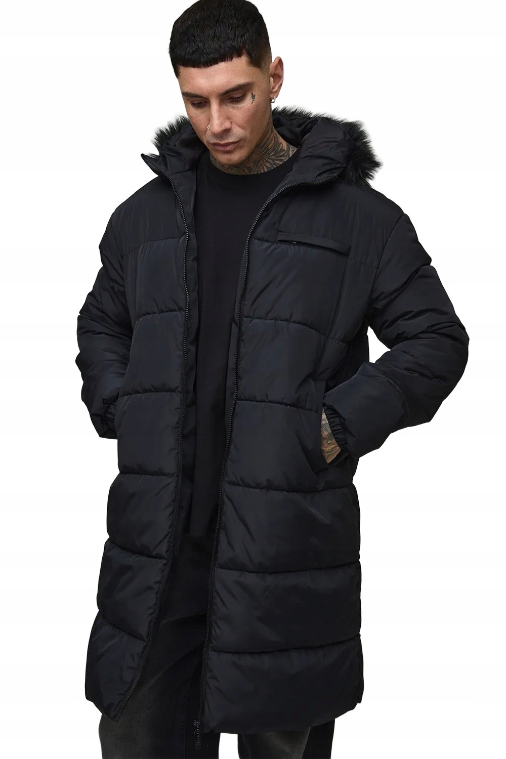 Boohooman Černá Prošívaná Pánská Bunda S Kapucí A Kožíškem XXL Z3A