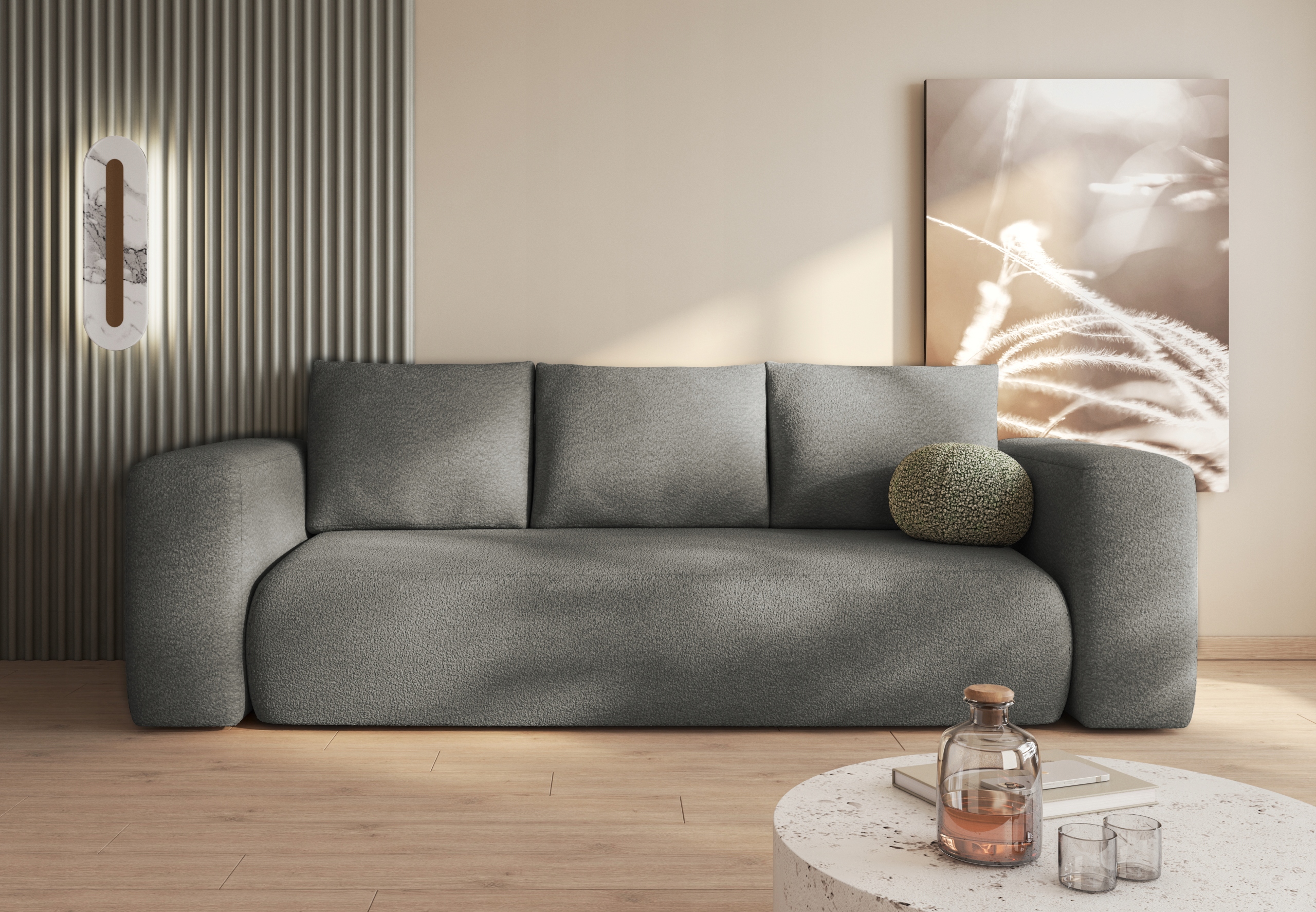 Šedá pohovka s funkcí spaní Lambi, tkanina typu boucle.