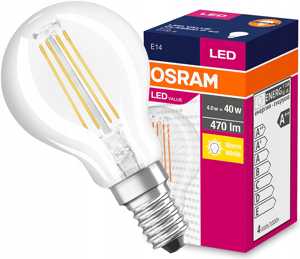 Żarówka LED E14 KULKA 4W 40W 2700K FILAMENT OSRAM
