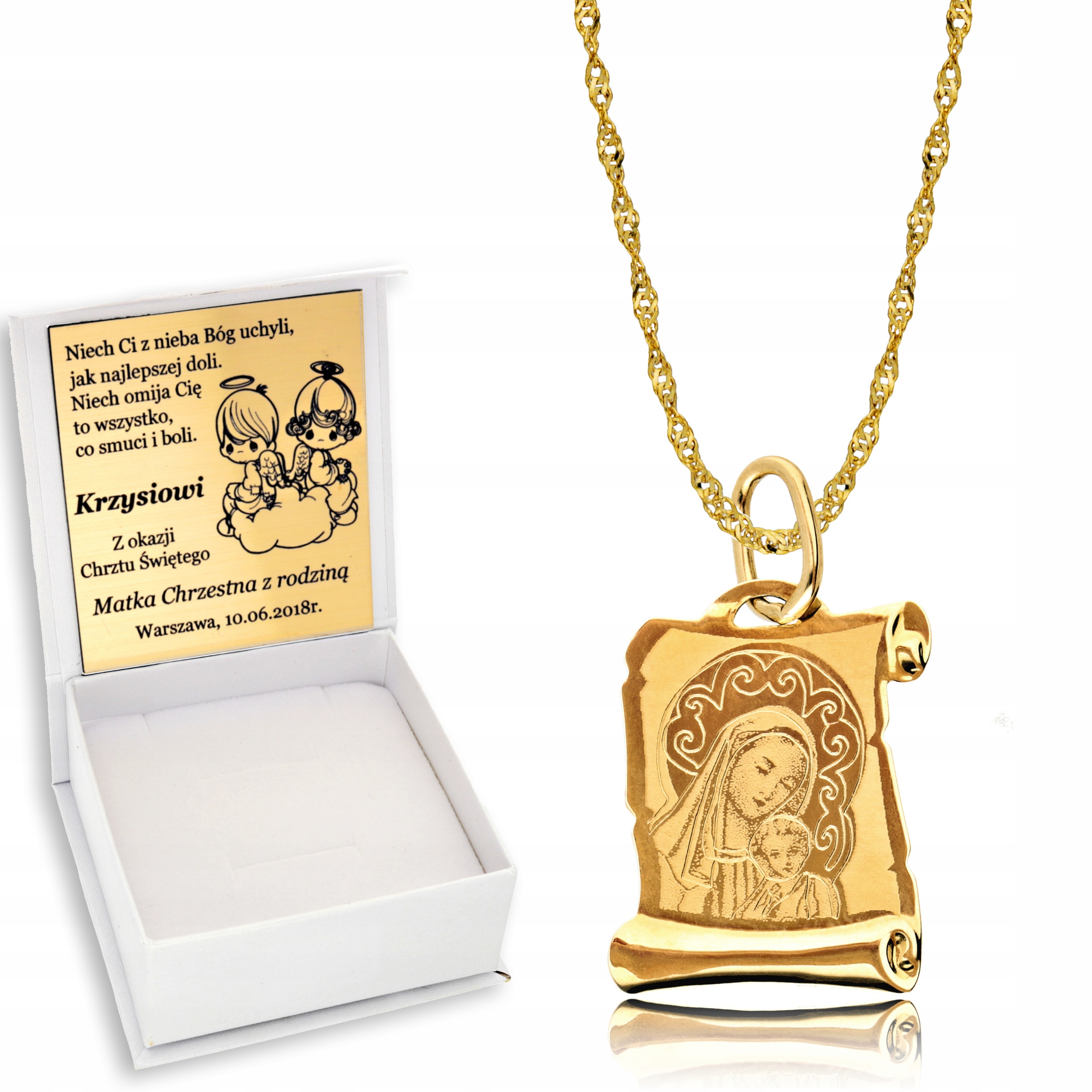

Łańcuszek Złoty 585 Medalik Chrzest Komunia Grawer
