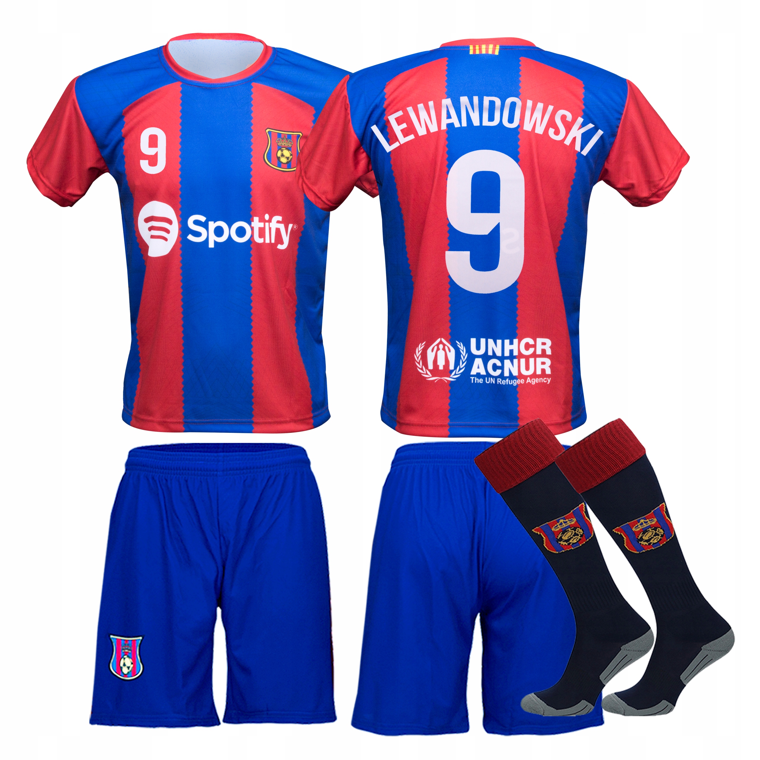 BARCELONA ROBERT LEWANDOWSKI LEWY Strój Piłkarski + Getry r. 134cm