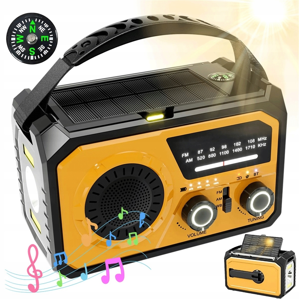 16000 mAh survival rádio Bluetooth 5.3 s baterkou a power bankom, žlté