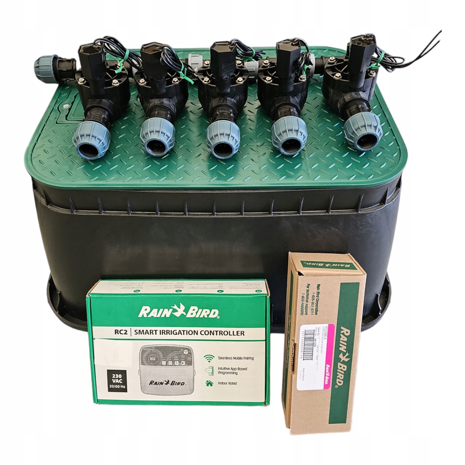 Zestaw Rain Bird Hv 5 sekcji Kolektor Sterownik RC2 z WiFi Czujnik Pe 20