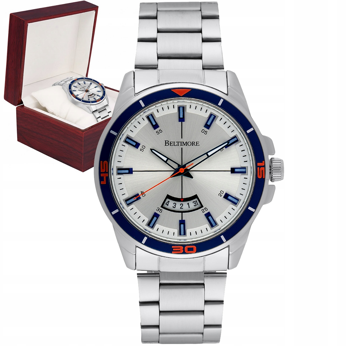 Zegarek męski bransoleta datownik duży srebrny kwarcowy pudełko Beltimore