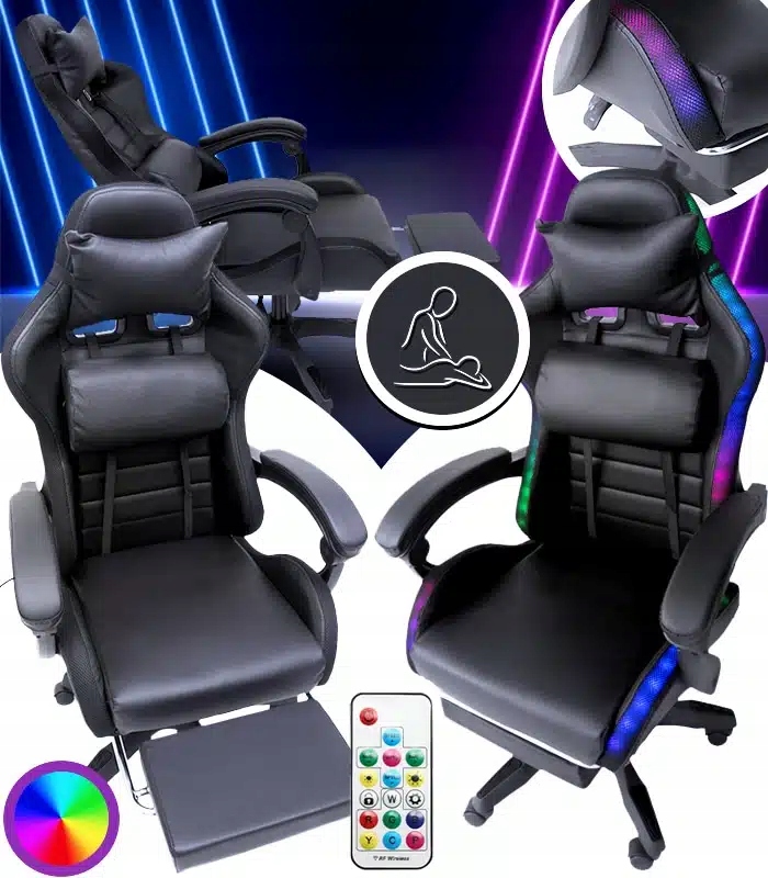 Herní křeslo otočné, nastavitelné pro hráče, černá Led Rgb
