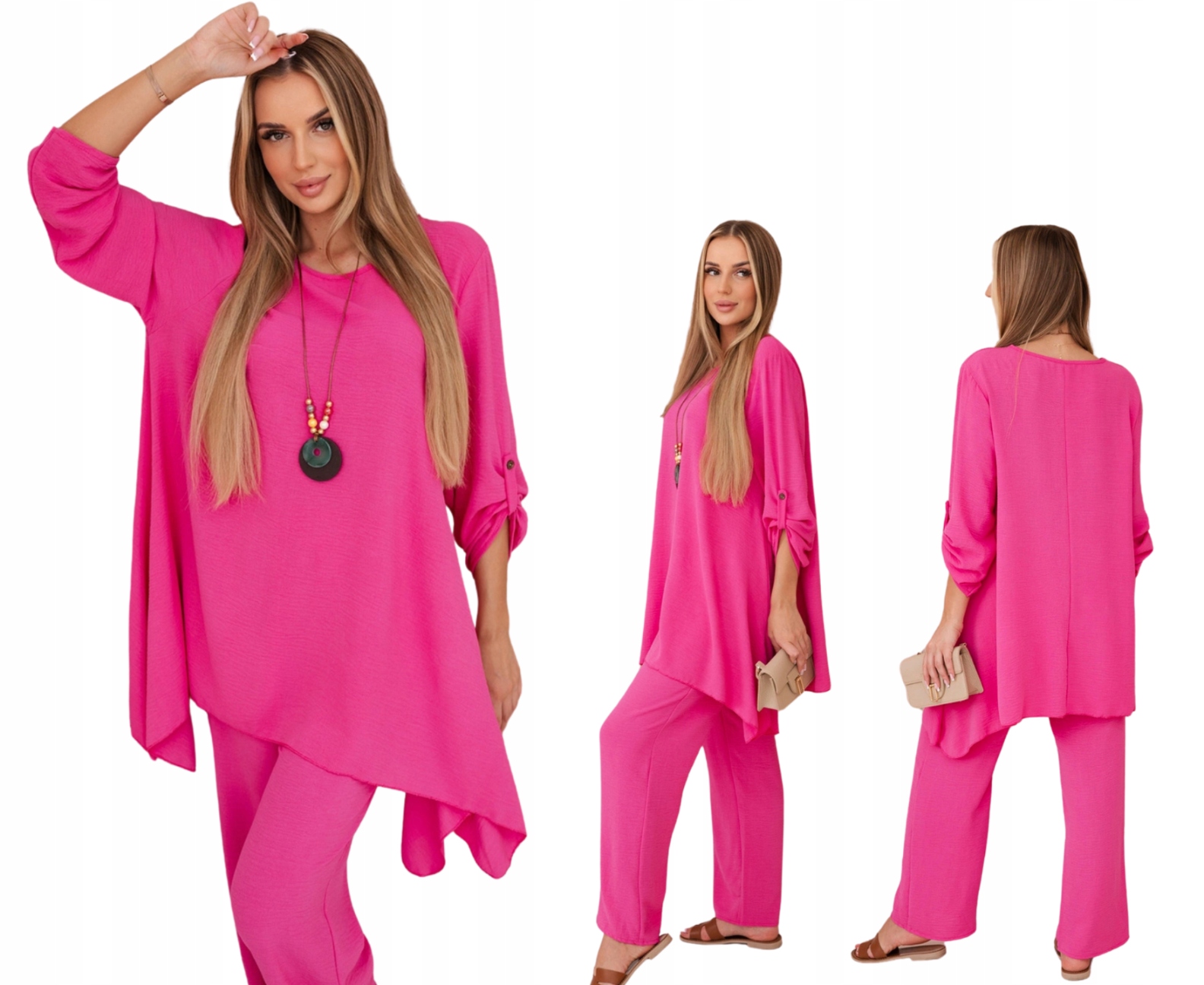 Różowy komplet damski z naszyjnikiem: Tunika i luźne spodnie