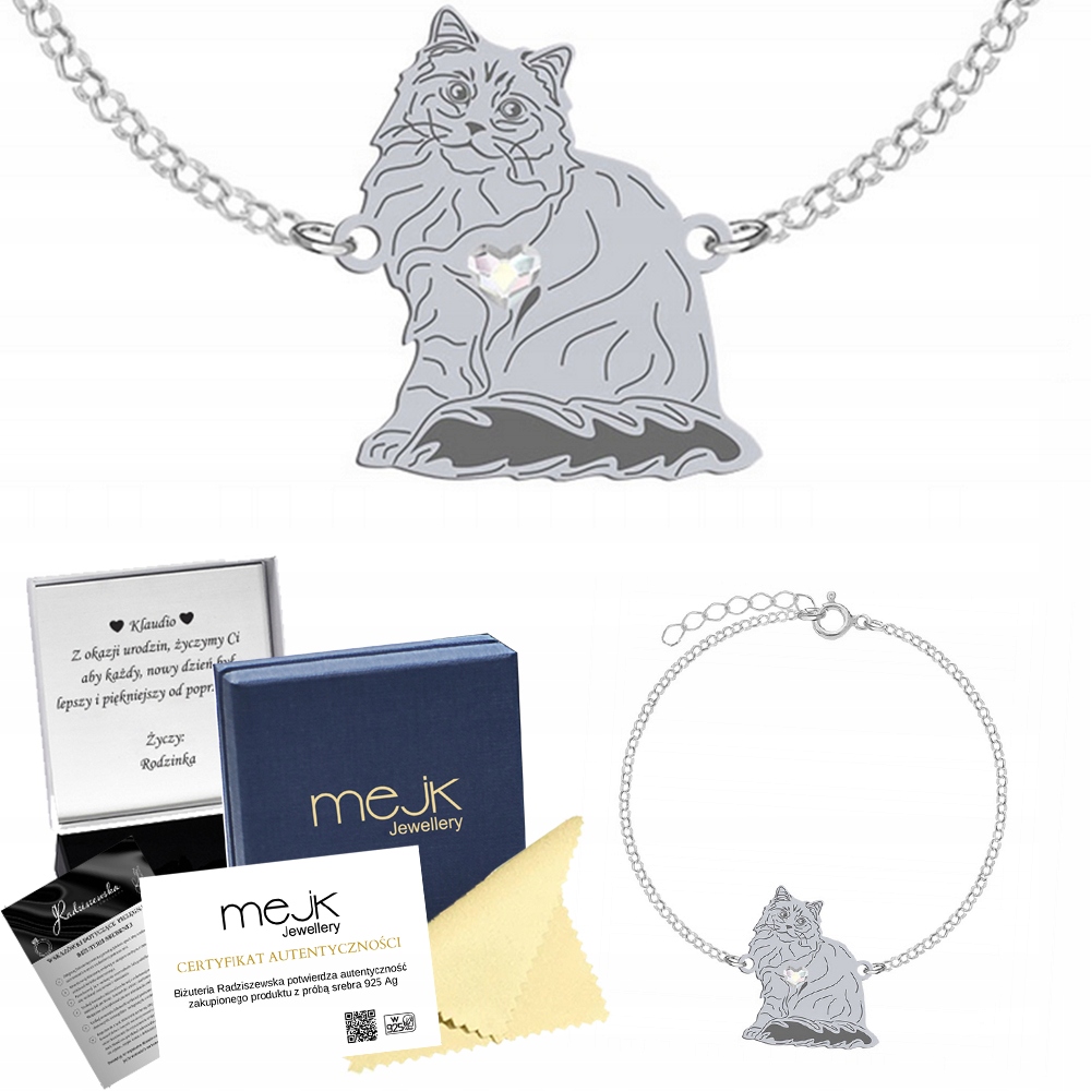 Stříbrný náramek s Siberian Cat 925 Dárek Řetízek Šperky Gravírování