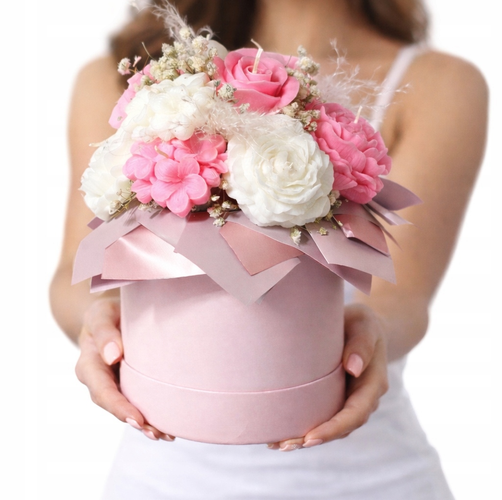 KWIATY SOJOWE Flower box bukiet RÓŻOWY flowerbox na PIERWSZĄ KOMUNIĘ