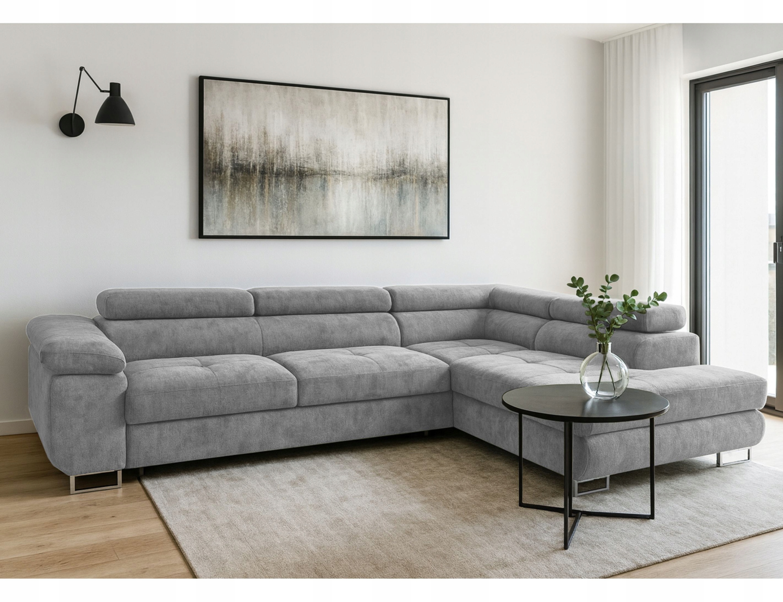 Pravostranný rozkládací rohová sedací souprava Avesta do moderního obývacího pokoje šedý