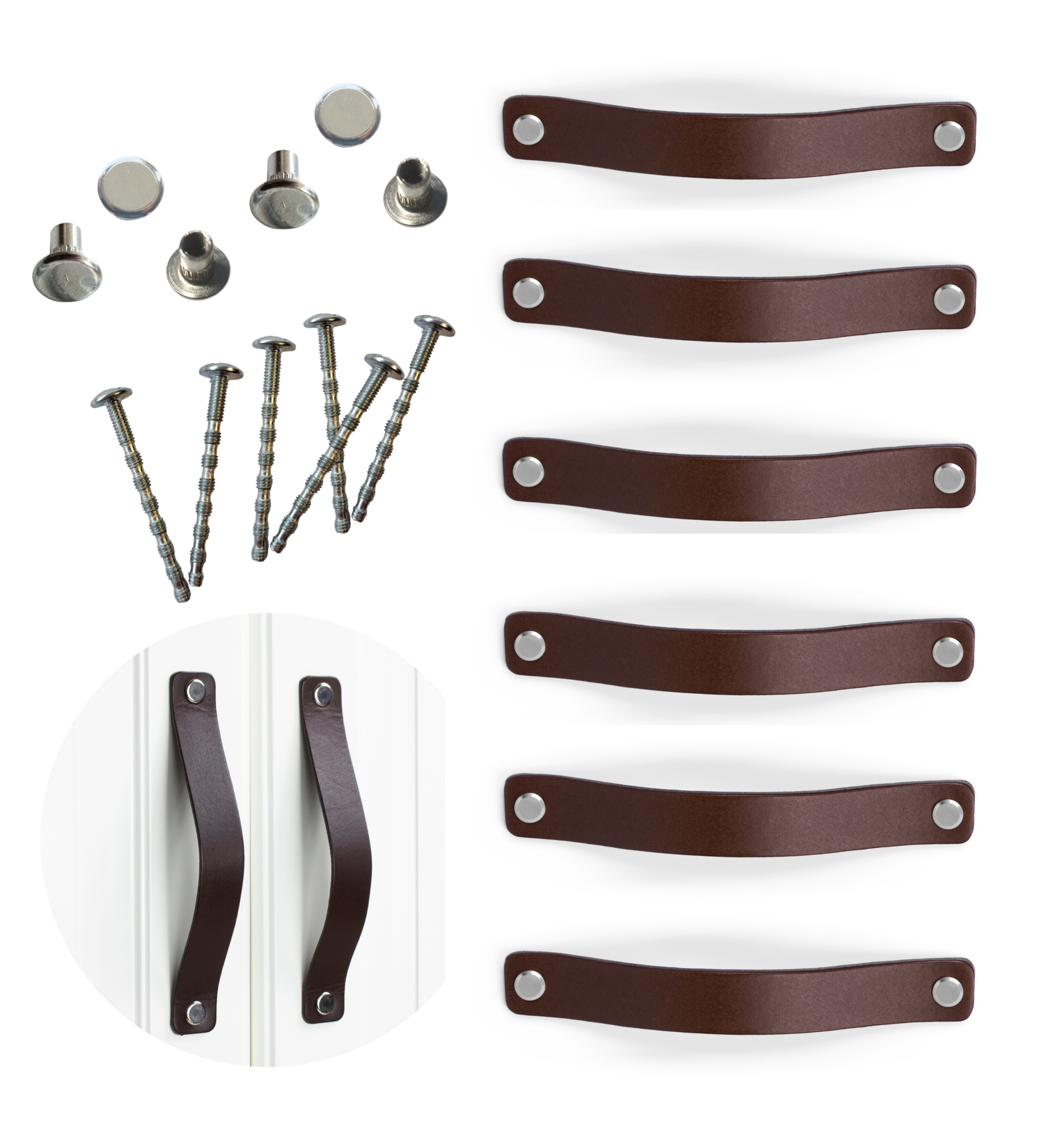 Set 6 x nábytková úchytka kožená Čokoládová Hnědá s roztečí 128 mm