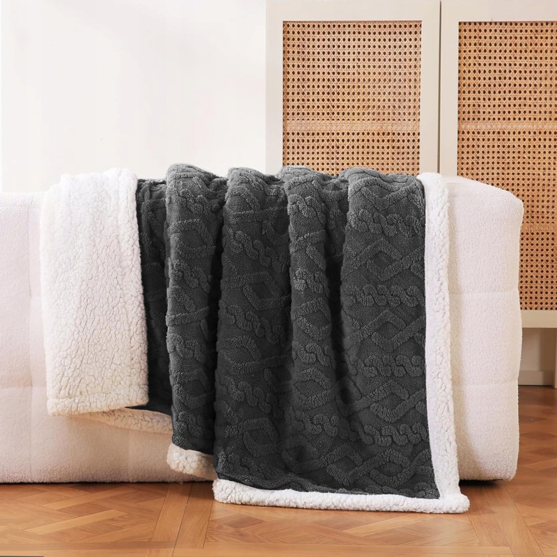 Koc Narzuta dwustronny baranek warkocz gruby ciepły 200x220 grafitowy szary Marka bez marki