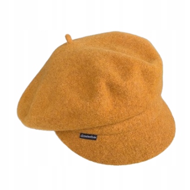 Česká oranžová vlněná baretka s kšiltem, dámská čepice Kaszkiet, buřinka Rabionek