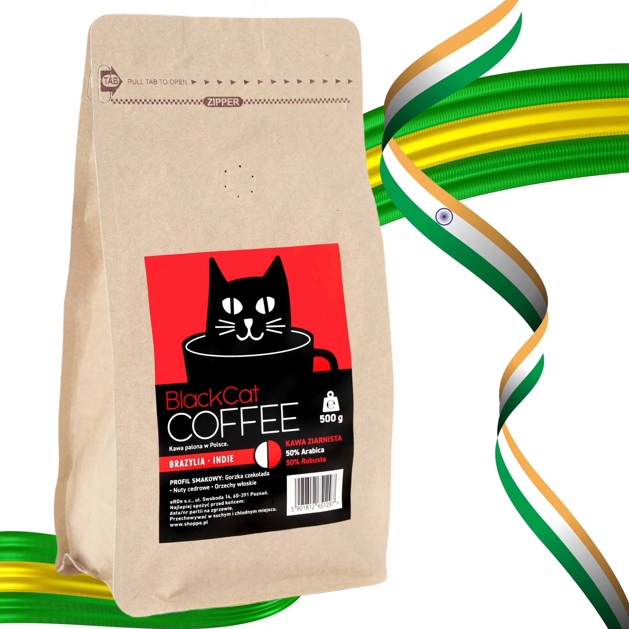 Levně Káva zrnková Black Cat Speciality Brazílie-Indie 50/50 500 g 50% Arabika