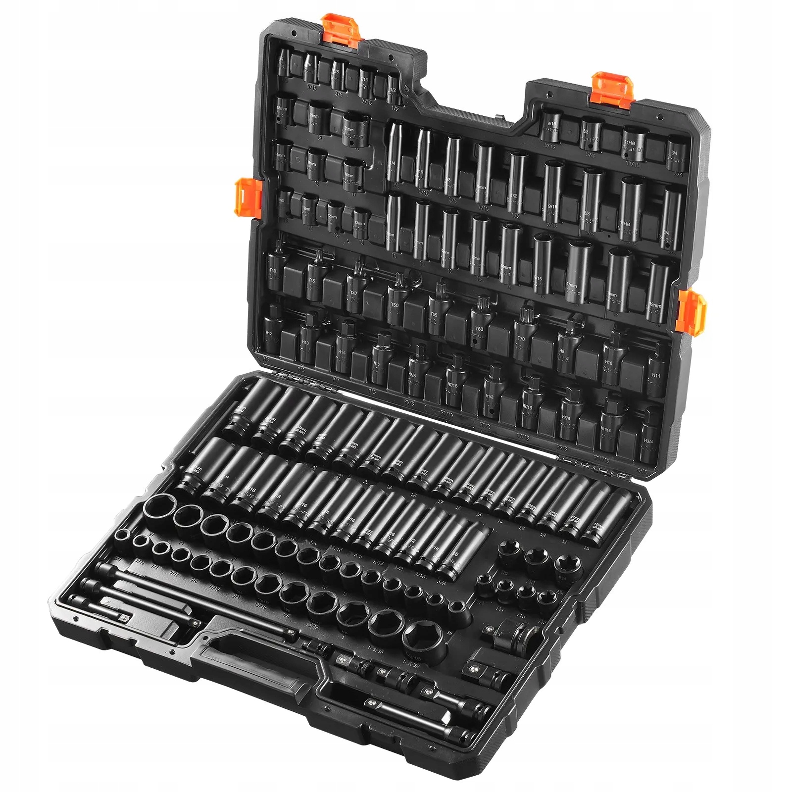 Nárazové nástavce 130ks 3/8'' 1/2'' SAE/metric 6-bod Cr-Mo, v kufríku