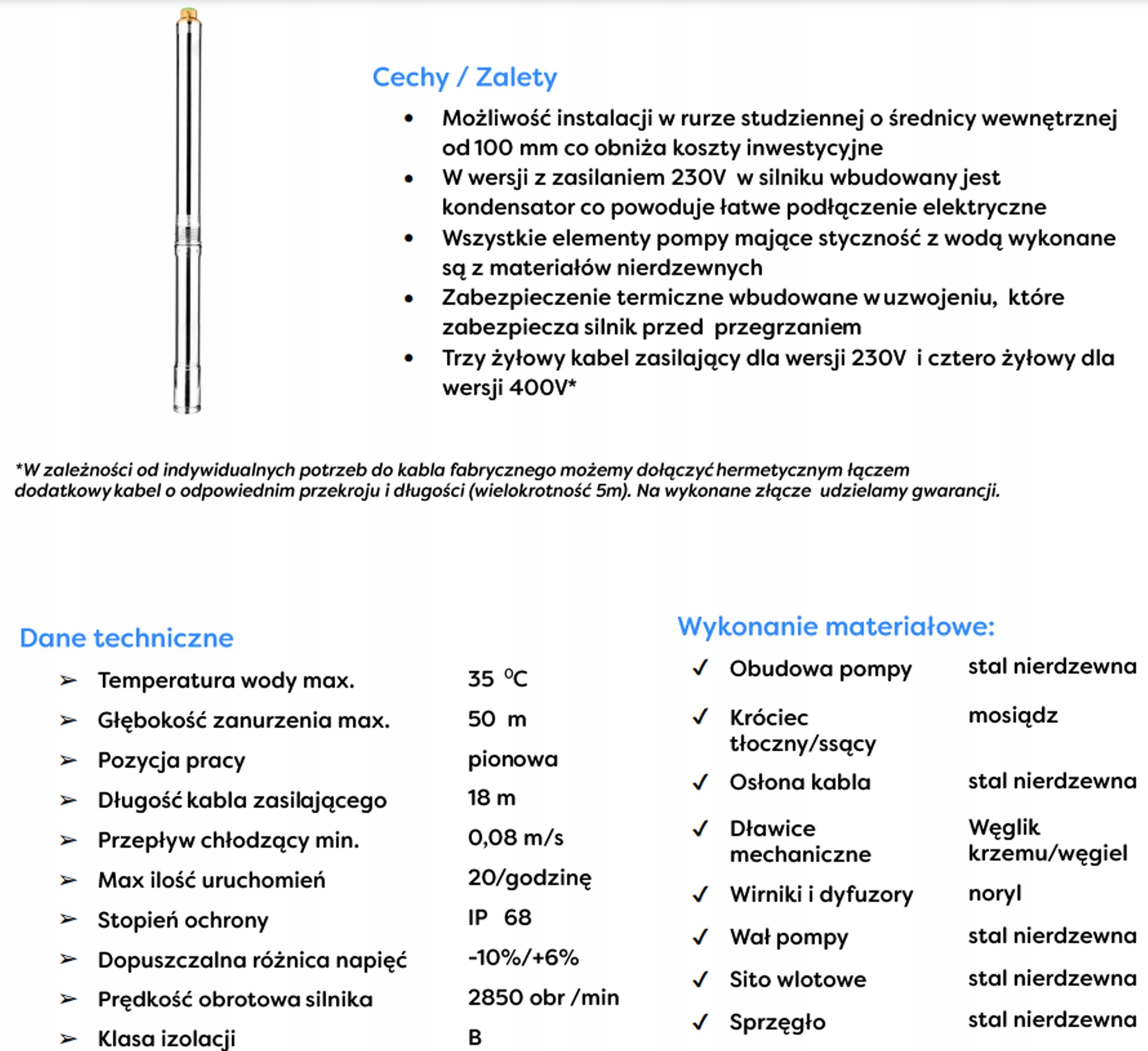 3,5" 3,5SC3/19 230V 95L/min pompa głębinowa przewód 18m Omnigena 3,5SC 3/19 Kod producenta 3,5SC 3/19 230V