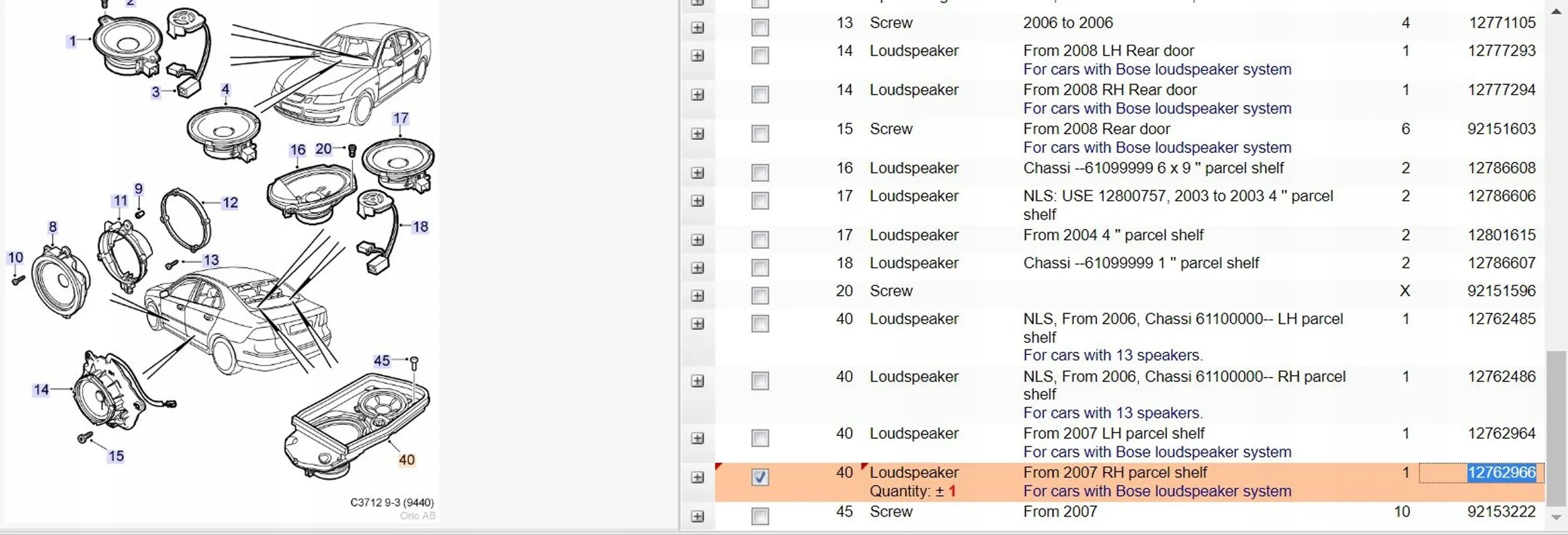 Saab 9-3 Ver2 2008 Głośniki Numer katalogowy oryginału 12760154