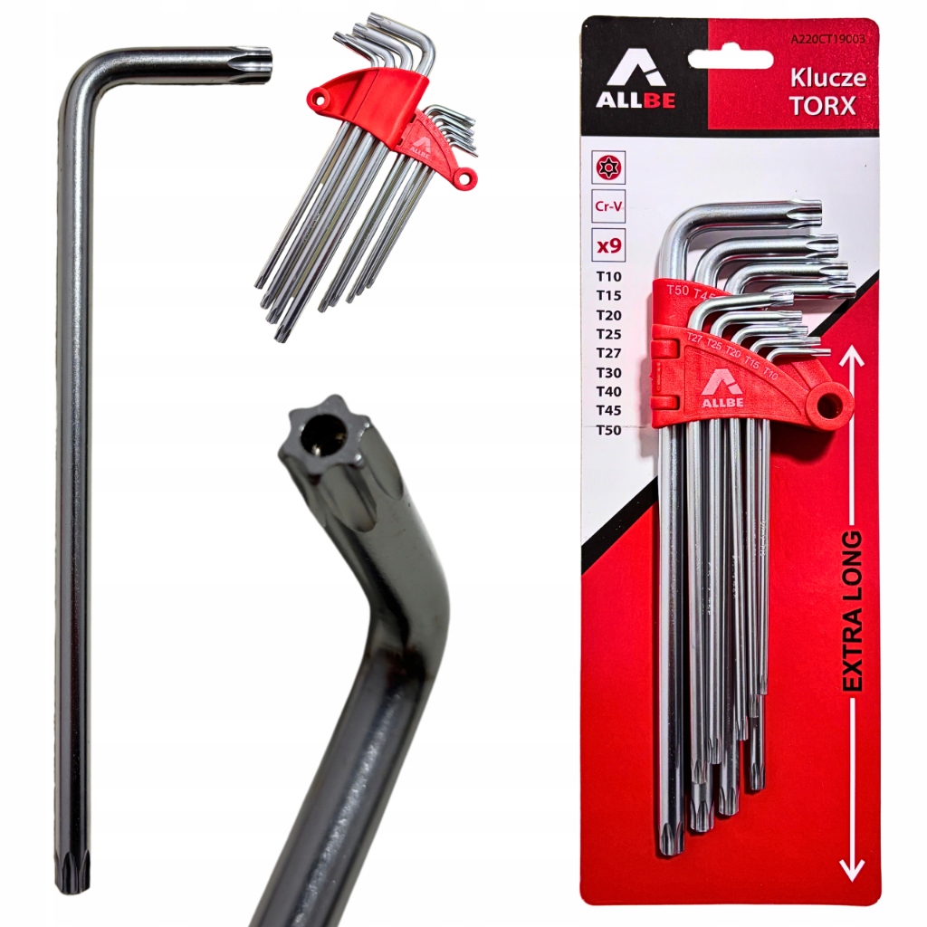 Klucze Torx zestaw długie fajkowe torxy T10-T50 9sztuk z otworem