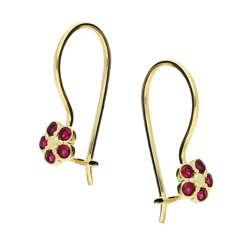 dětské zlaté náušnice 585 s květinkami a červenými zirkony