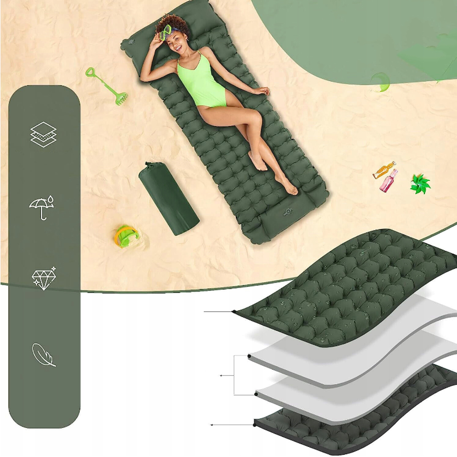 WYGODNY NADMUCHIWANA MATA DO SPANIA WODOODPORNA SKŁADANA PRZYNIEŚ PODUSZKĘ Kolor dominujący odcienie zieleni