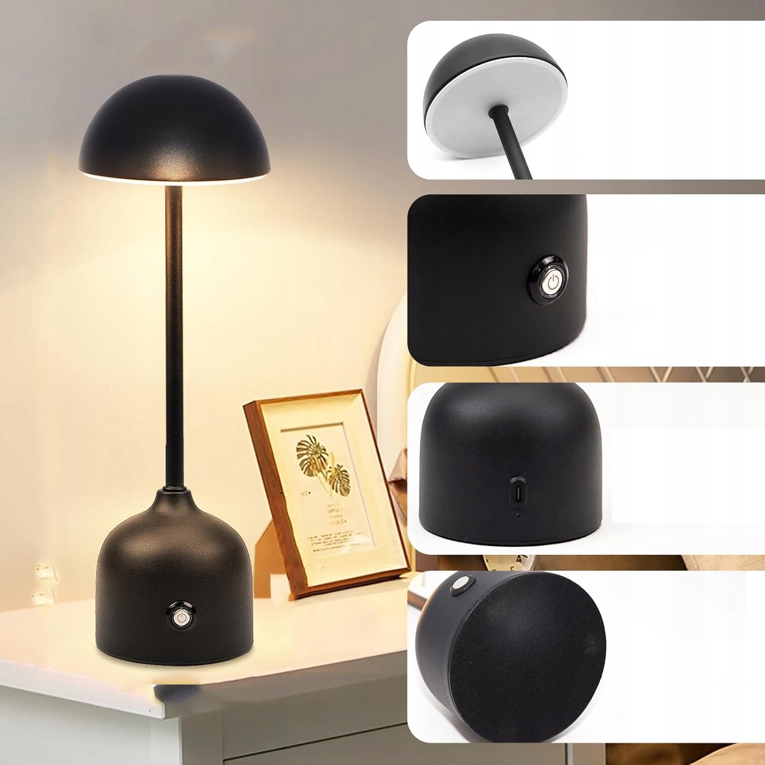 BEZPRZEWODOWA LAMPA STOŁOWA LAMPKA NOCNA DOTYKOWA ŚCIEMNIALNA USB 4500mAh Kolor czarny