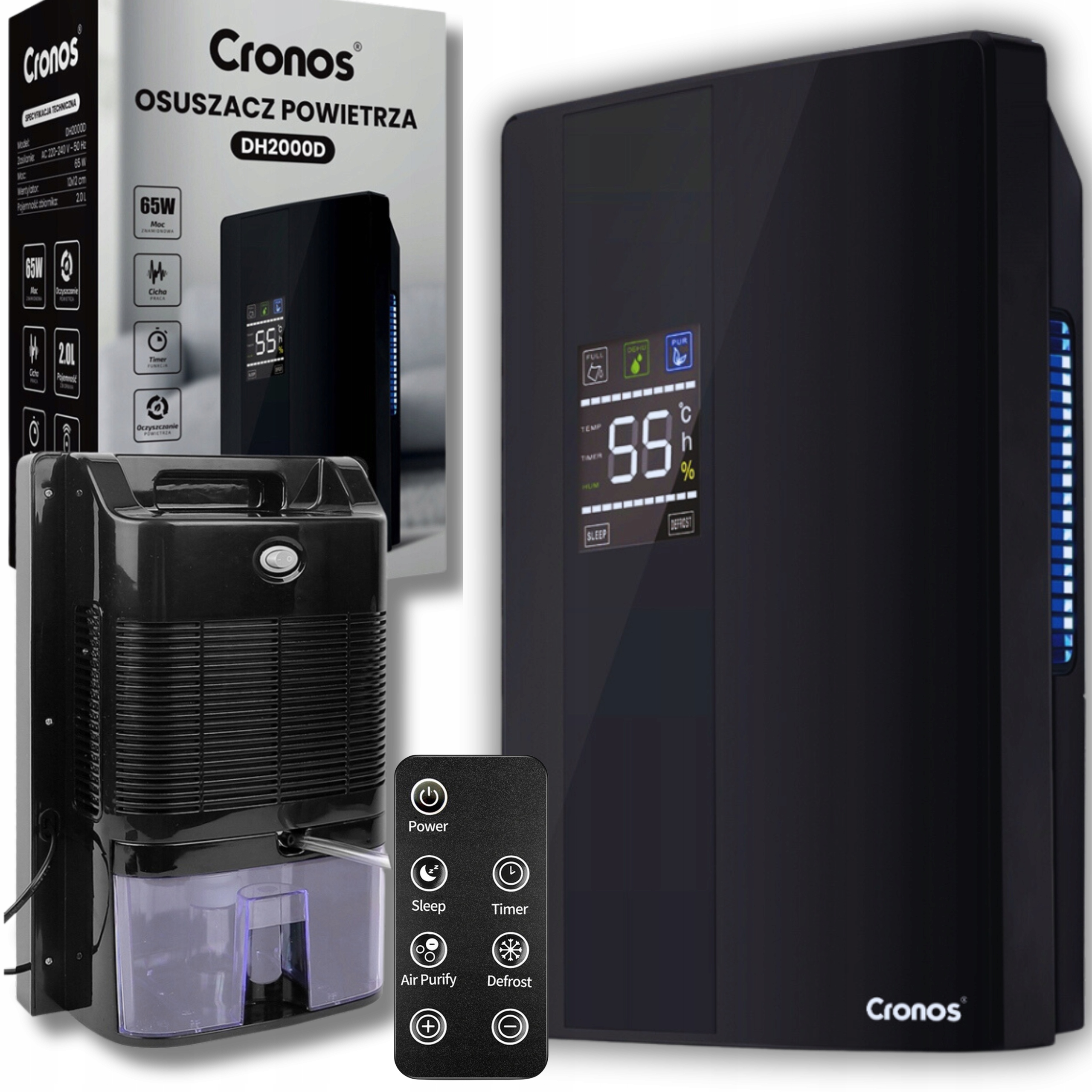 OSUSZACZ POWIETRZA POCHŁANIACZ WILGOCI DOMOWY ELEKTRYCZNY 2,2L 65W PILOT Funkcje urządzenia automatyczne wyłączanie higrometr higrostat programator czasowy termometr zdalne sterowanie