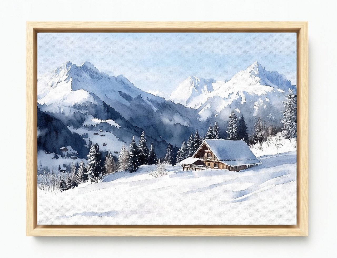 Obraz Rám Americký Box Akvarel Krajina Hory Alpy Útulek Zima 80x60