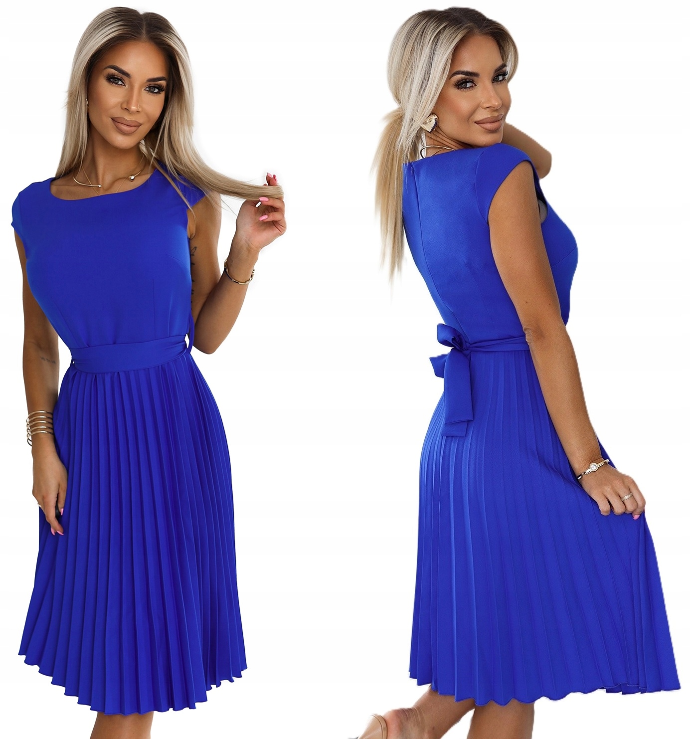 Krásné Plisované Šaty S Mašličkou V Pase, Krátký Rukáv, Chabrová Velikost Xs