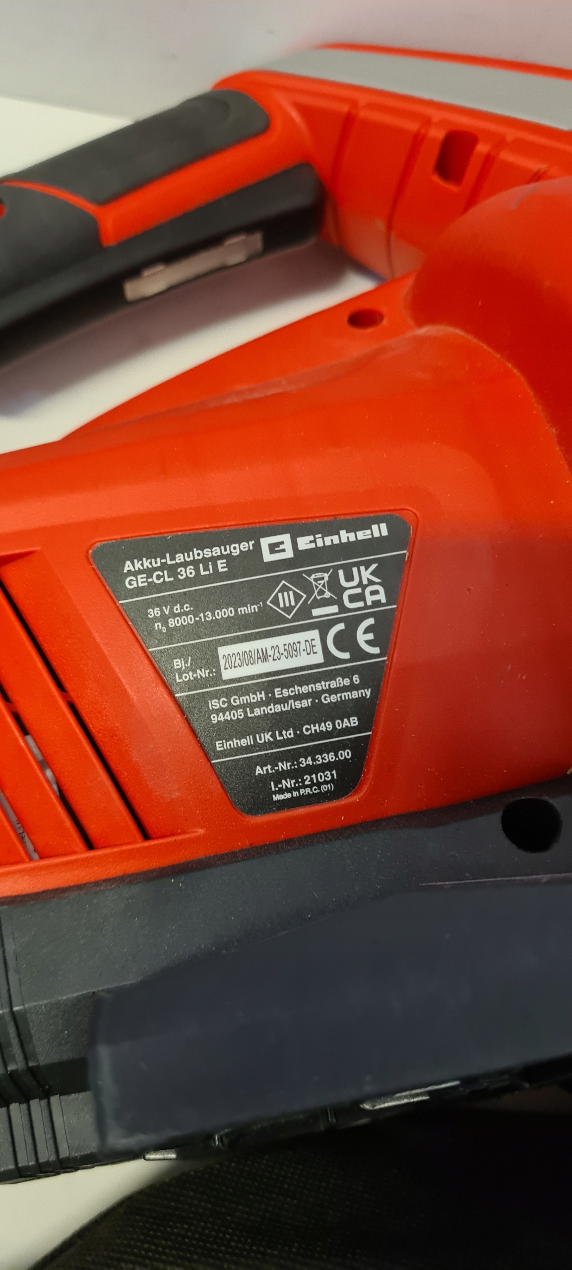 Dmuchawa akumulatorowa Einhell GE-CL 36 Li E-Solo 45 litrów Długość narzędzia 45 cm