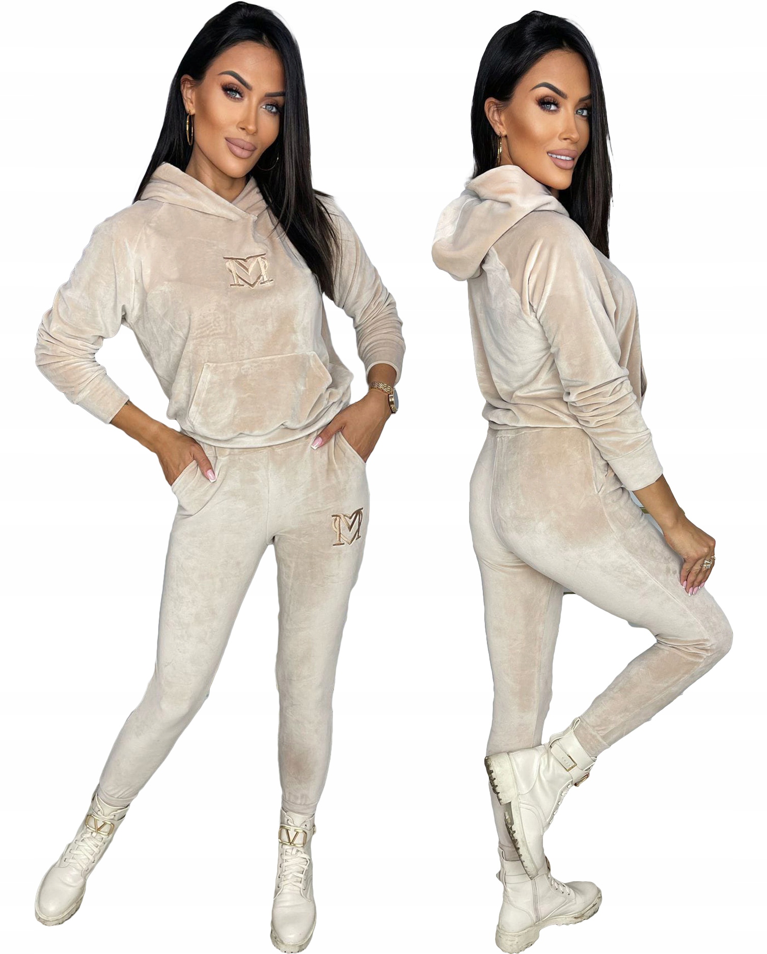 Teplákovka velurový Béžová mikina a kalhoty Pohodlný velurový komplet M