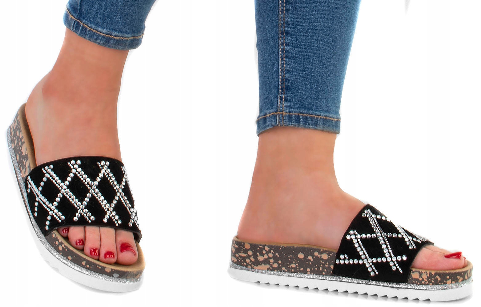 

Czarne Klapki Z Cyrkoniami Na Platformie 38