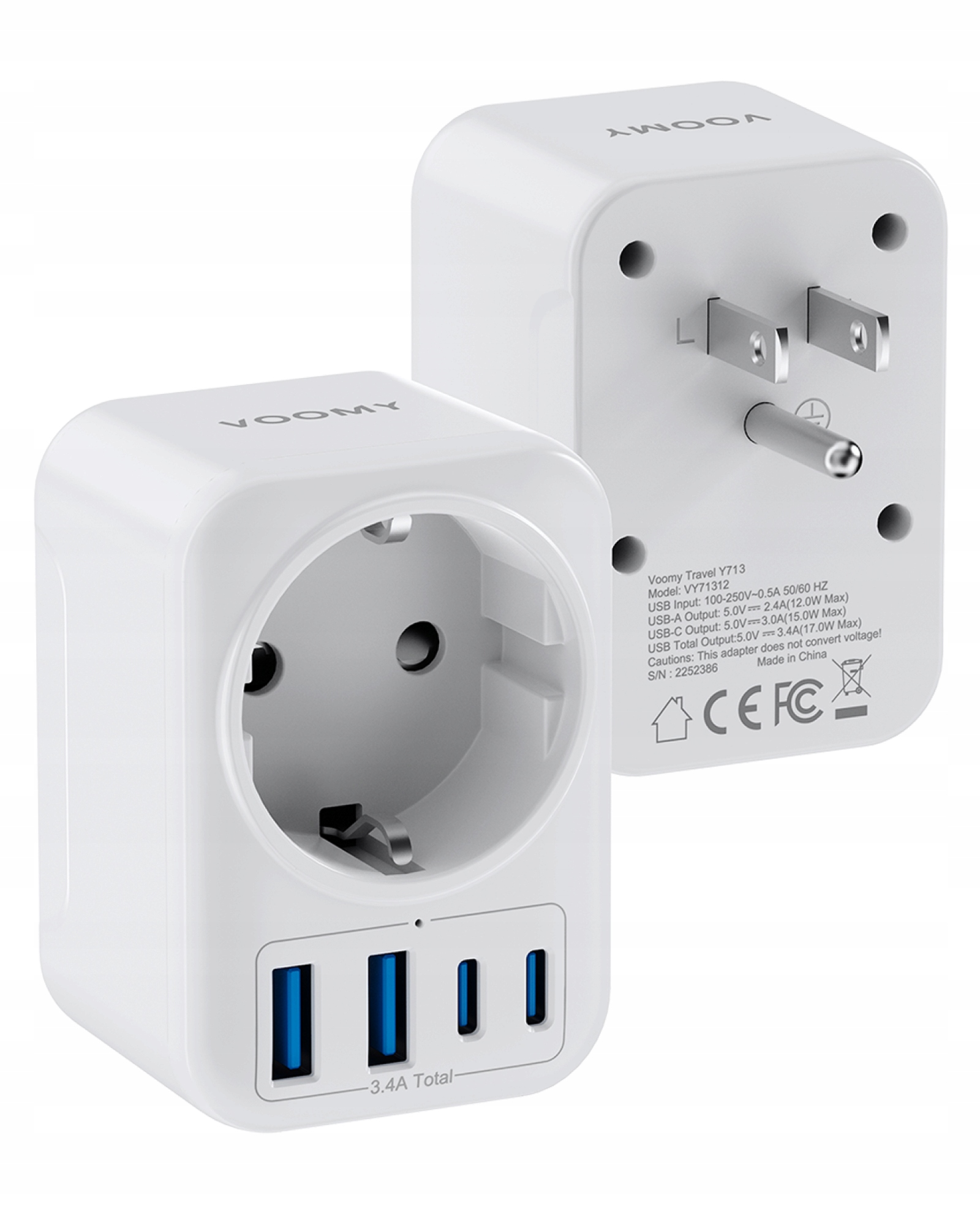 Voomy Travel Y713 6-w-1 Adapter Podróżny Typ B – Usa – 3750W
