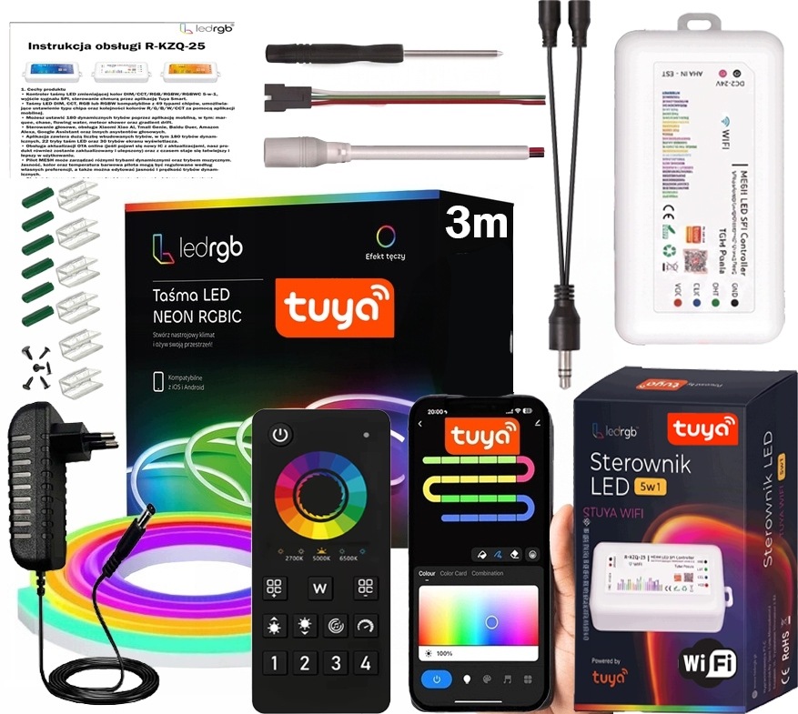 Set Led Páska 3m 1x3M Neon Hudba Rgbic Wifi Tuya Apka Dálkový Ovladač Napájecí Zdroj