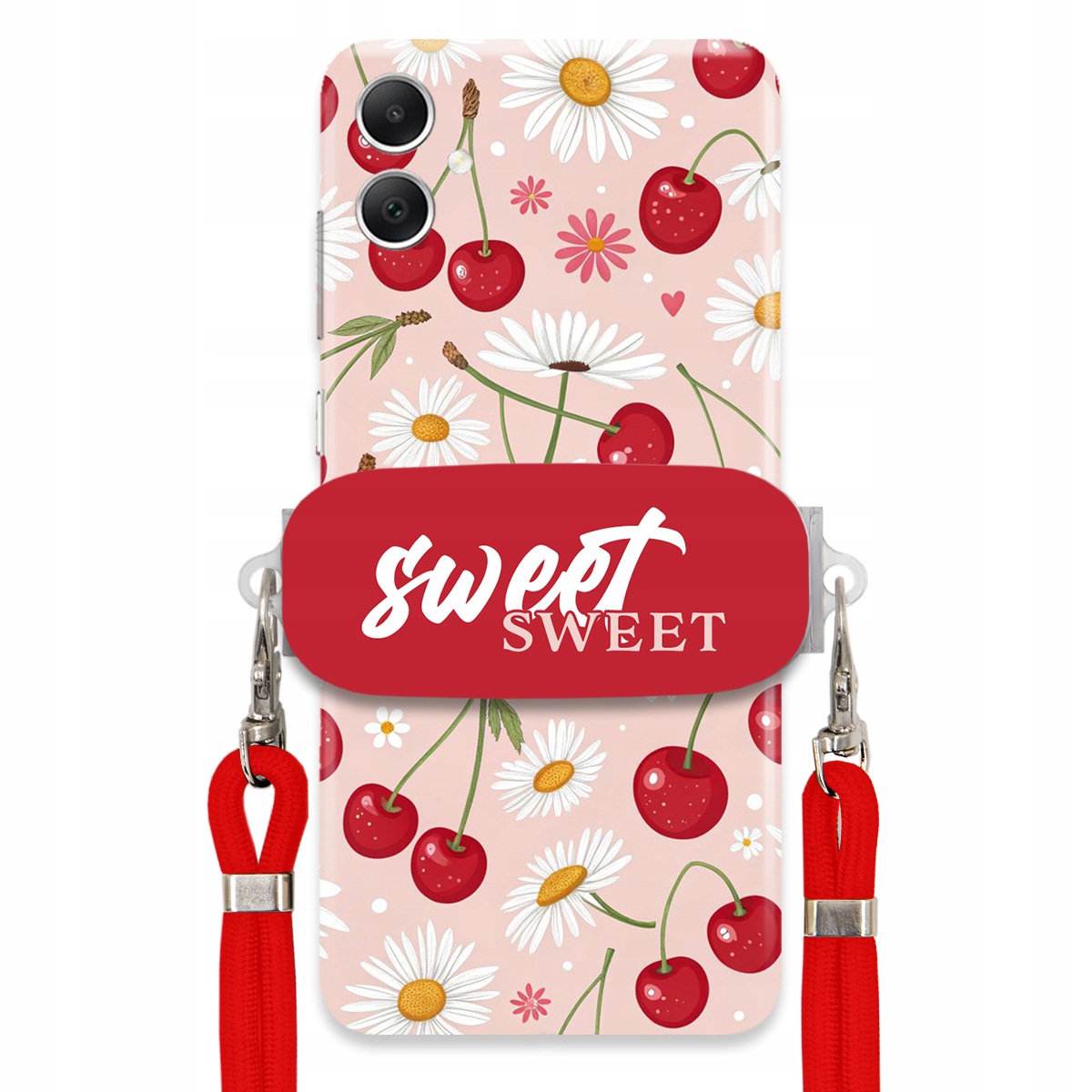 Puzdro pre Samsung A05 Červené vodítko držiak Sweet Sweet Čerešňa a sedmokráska