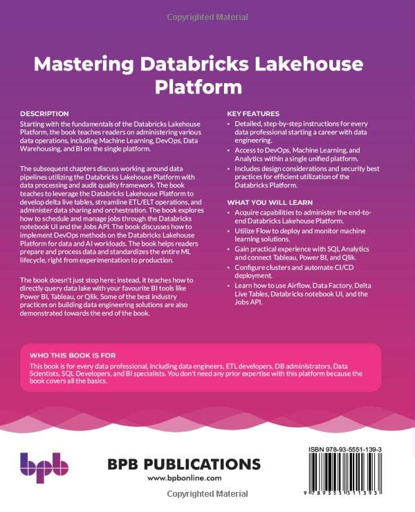 Kumar, Anjani Mastering Databricks Lakehouse Platform: Perform Data Warehou Język publikacji angielski