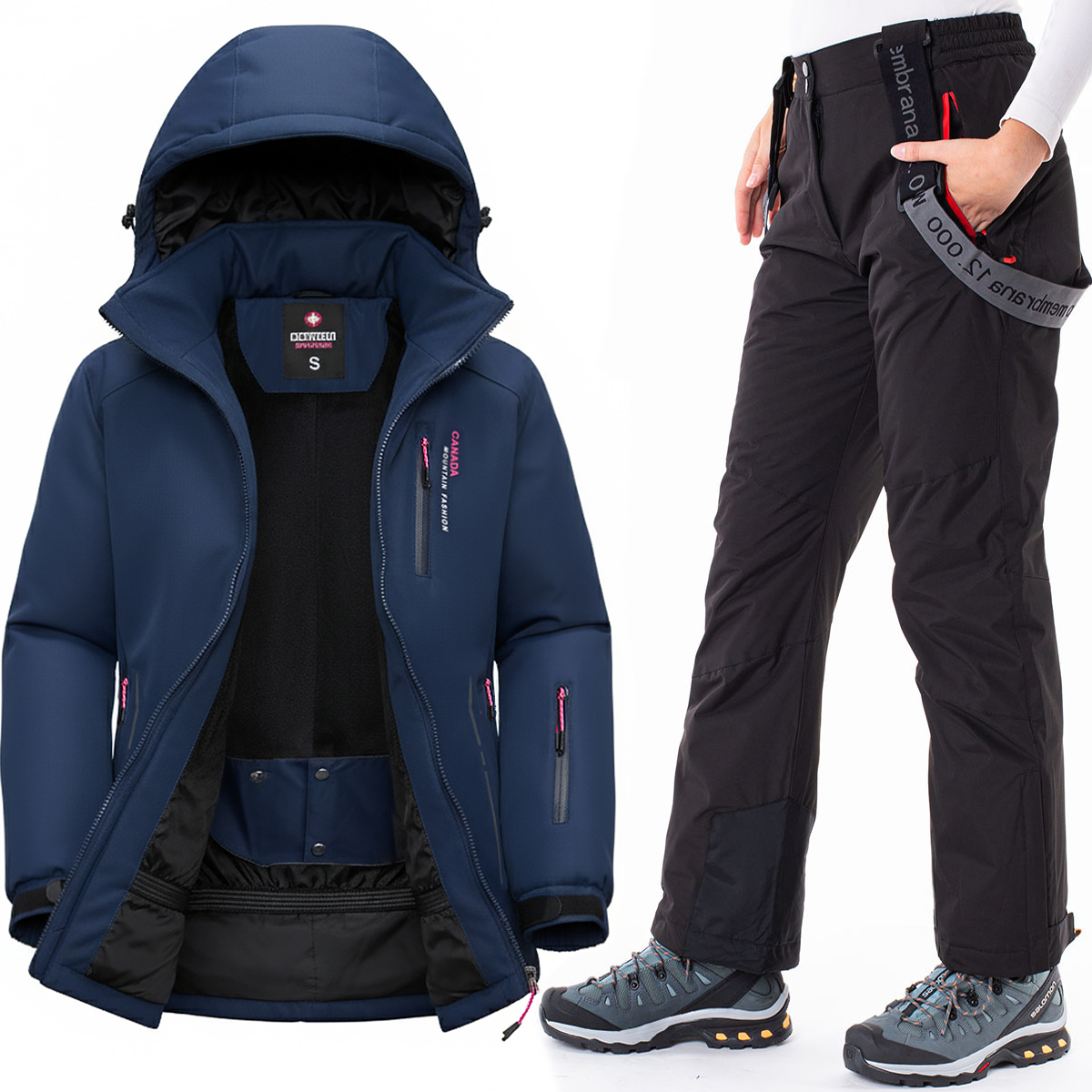 Damski Kombinezon Narciarski Dwa Zimowy Ciepły Z Kapturem 5XL