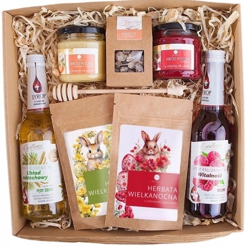 Kosz Prezentowy Box Wielkanoc Syrop herbaty miody Malina Pomarańcza