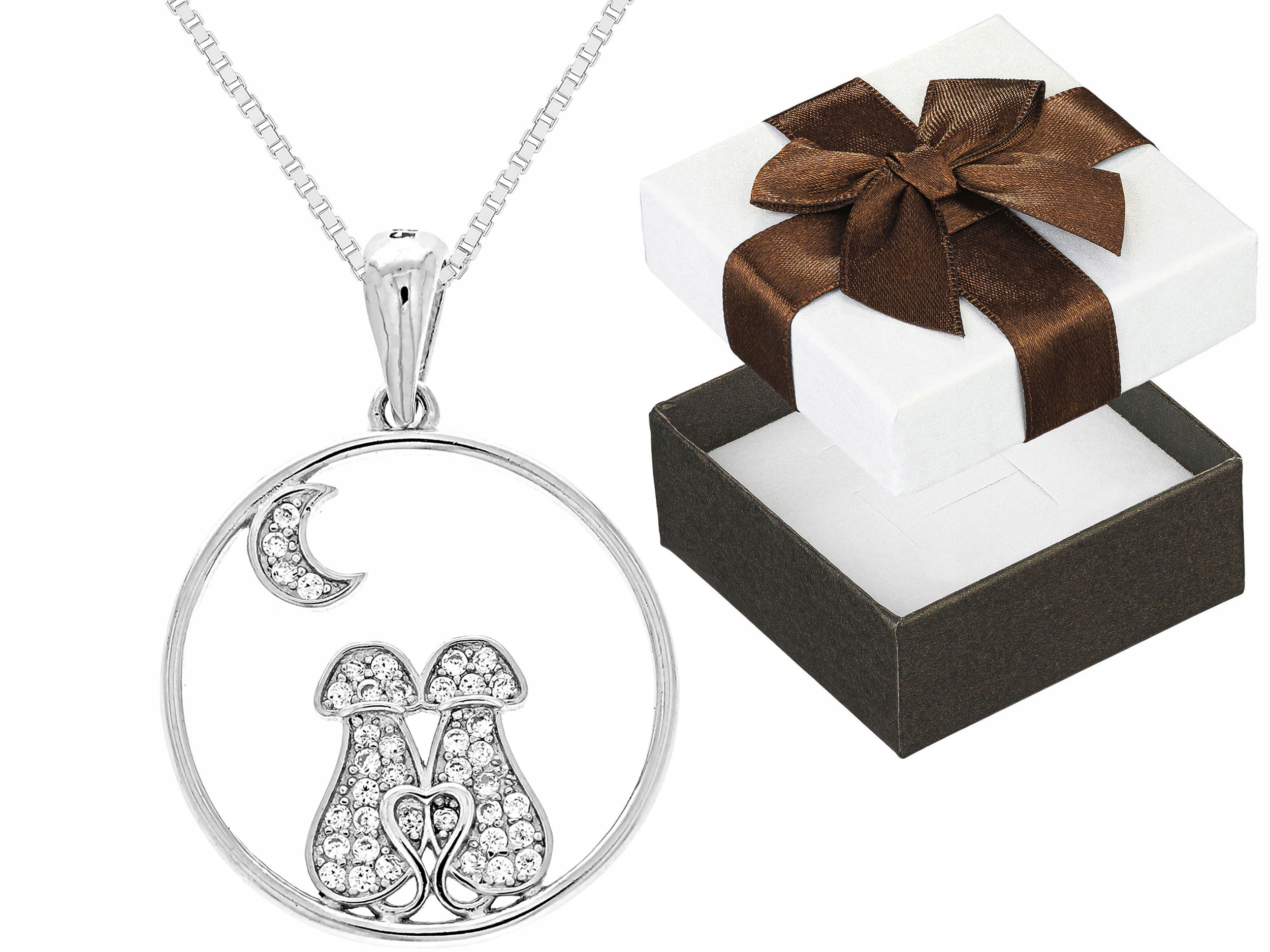 Dlouhý Stříbrný Dámský Náhrdelník Kočky s Zirkony Kočky Měsíc Stříbro 90 cm