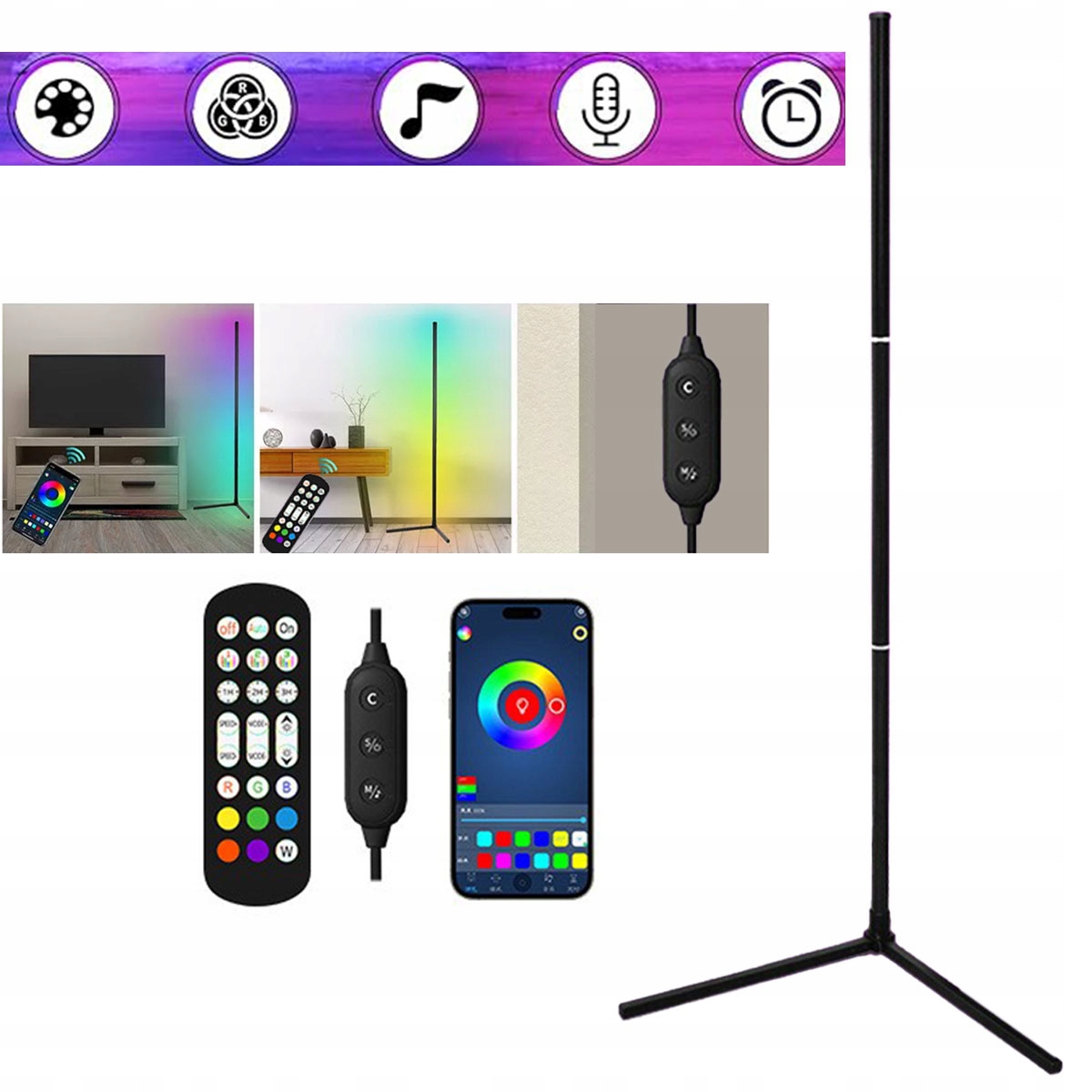 Led podlahová lampa rohová Bluetooth, nastavitelná Rgb