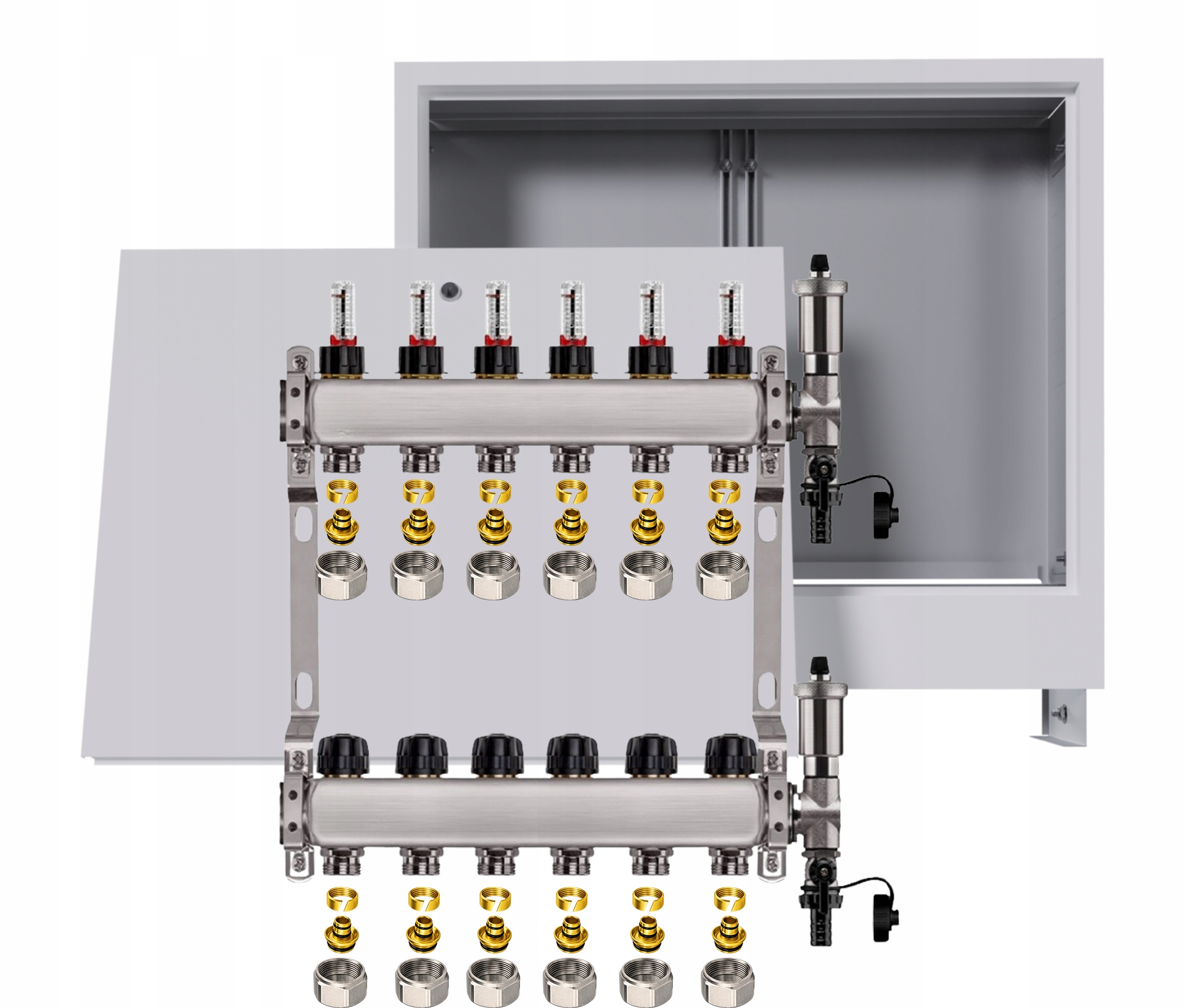 Nerezový rozdeľovač na podlahu 6 obvodov s podomietkovou skrinkou Pex